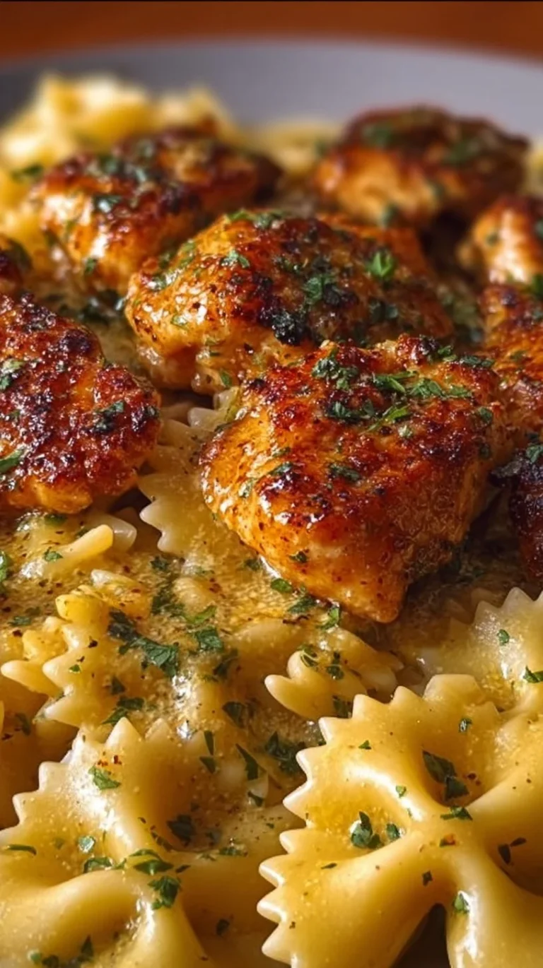 Delicious garlic butter chicken served over bowtie pasta