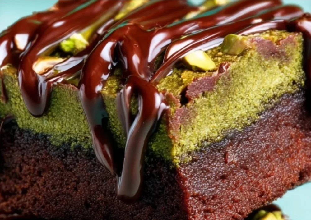 Delicious Dubai-style chocolate brownies topped with chocolate glaze and nuts