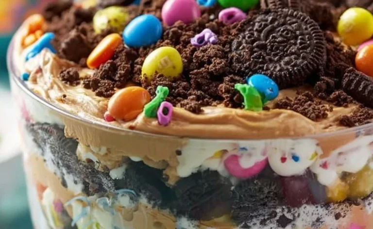 Easter Dirt Cake Casserole with chocolate, cream, and spring decorations.
