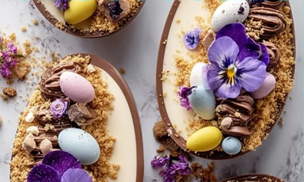 Easter Egg Cheesecake topped with colorful chocolate eggs and a creamy filling