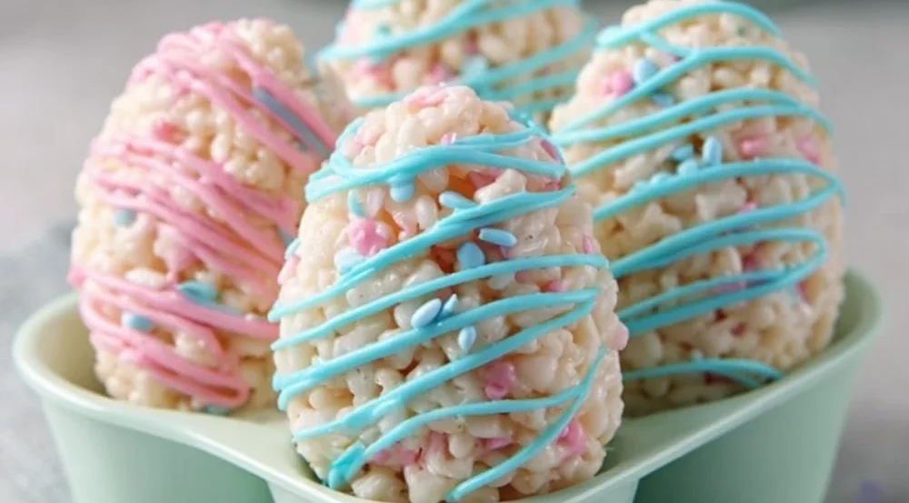 Colorful Easter Egg Rice Krispies Treats arranged on a festive plate.