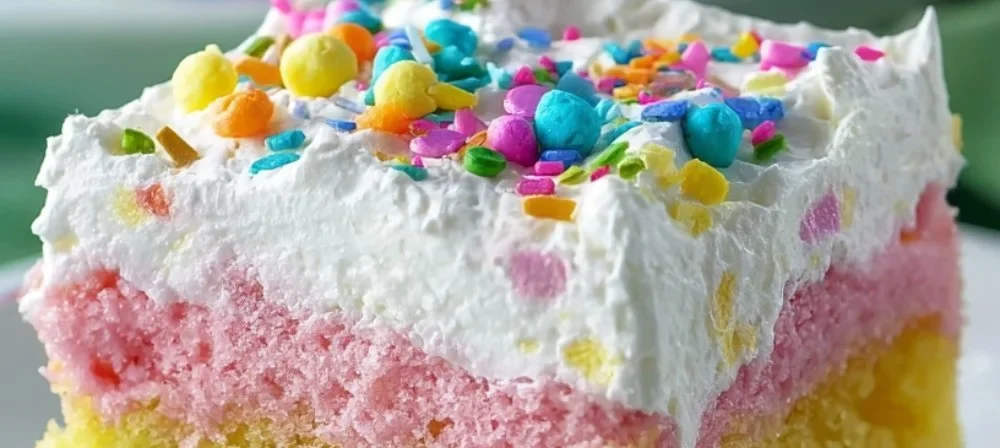 Easter Poke Cake topped with colorful frosting and Easter decorations