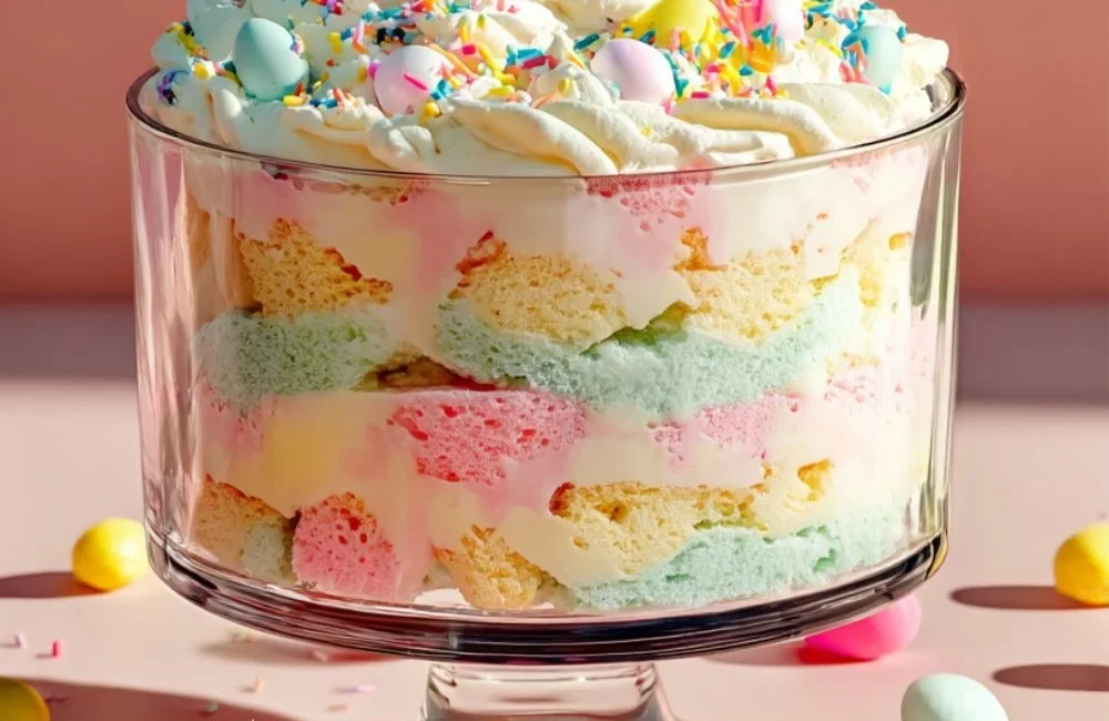 Easter trifle dessert layered with fruits, cream, and cake