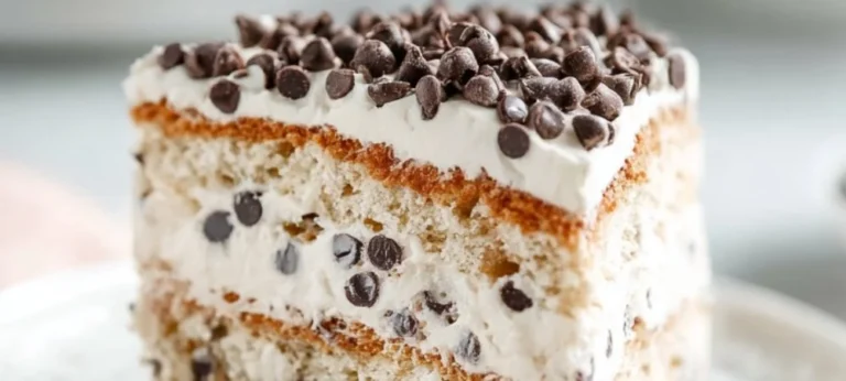 No-bake cannoli cake decorated with chocolate chips and pistachios