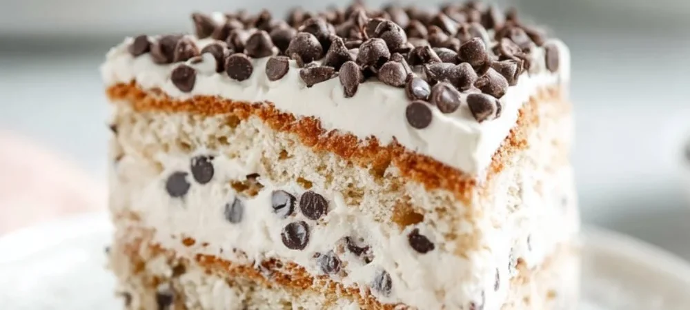 No-bake cannoli cake decorated with chocolate chips and pistachios