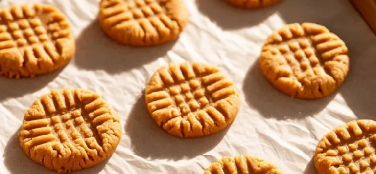 Freshly baked easy peanut butter cookies on a wooden table.