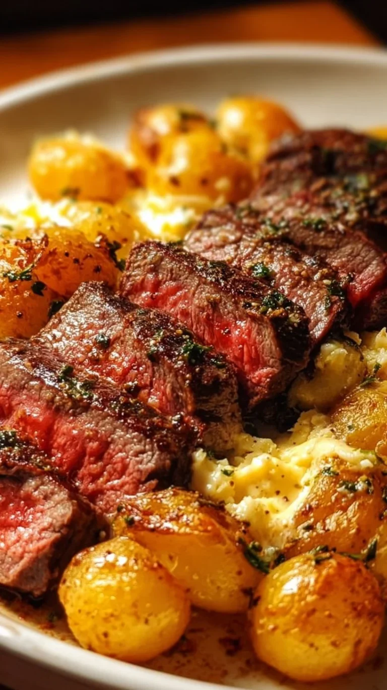 Delicious Garlic Butter Steak served with Cheddar Potato Bake on a plate