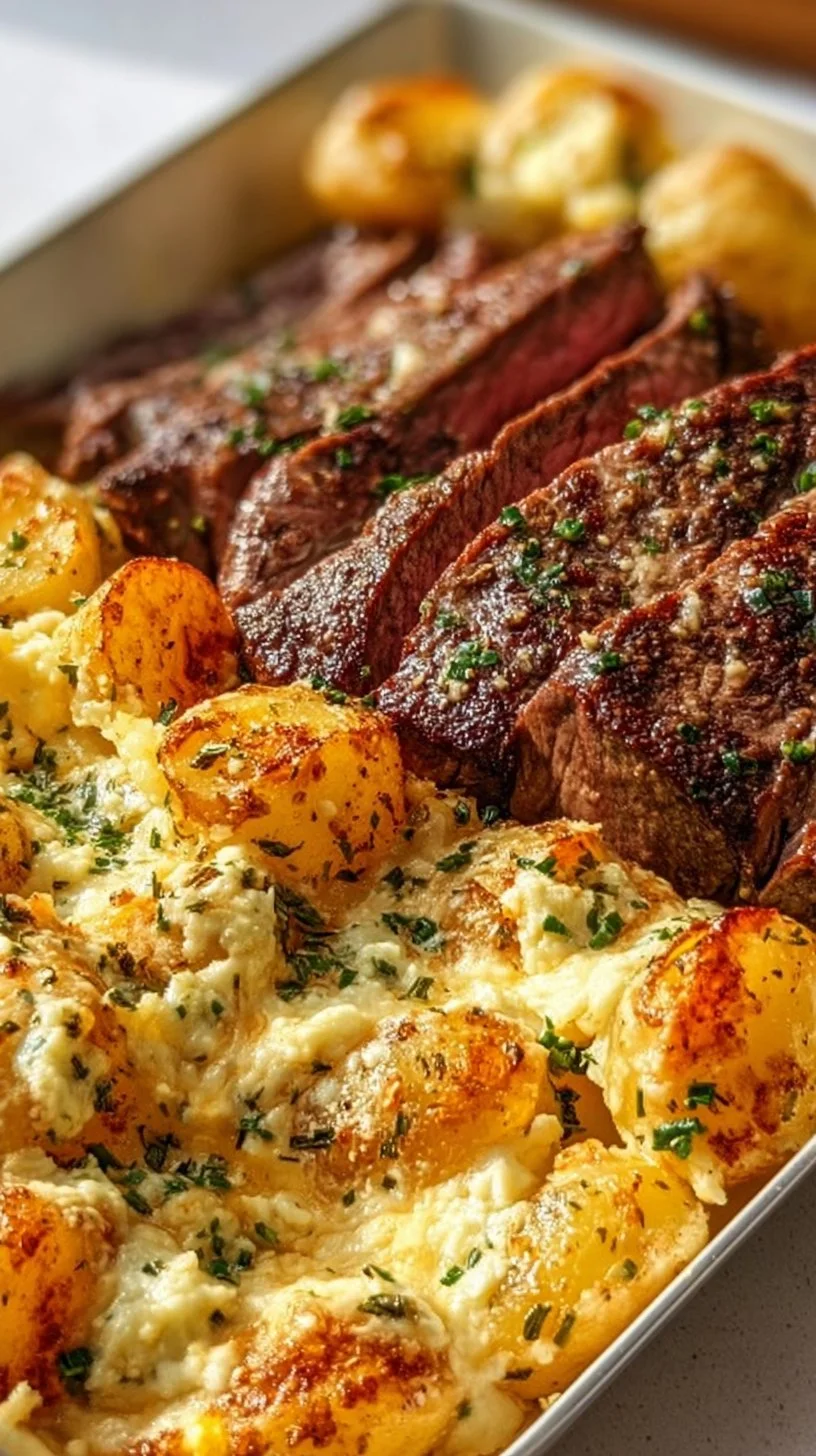 Delicious Garlic Butter Steak served with Cheddar Potato Bake on a plate