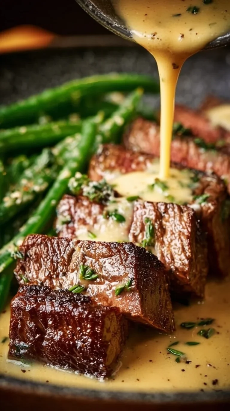 Juicy garlic butter steak drizzled with luscious Parmesan cream sauce
