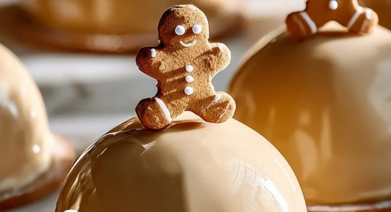 Gingerbread Latte Mousse Domes topped with festive decorations