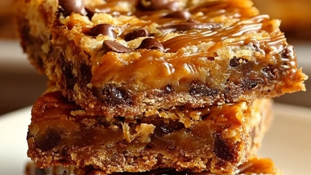 Gooey salted caramel chocolate chip cookie bars fresh out of the oven.
