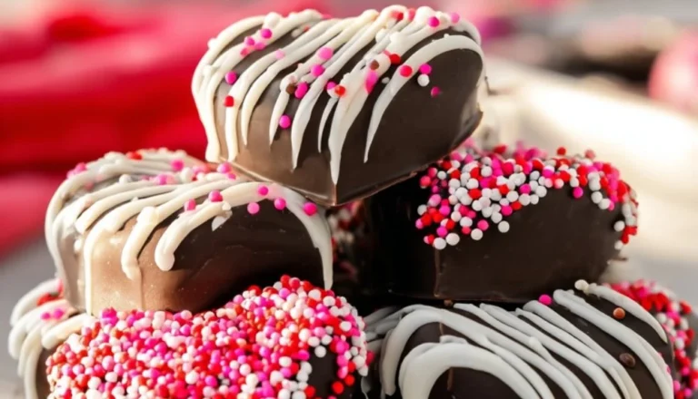 Heart-shaped chocolate-covered Oreo truffles on a decorative plate