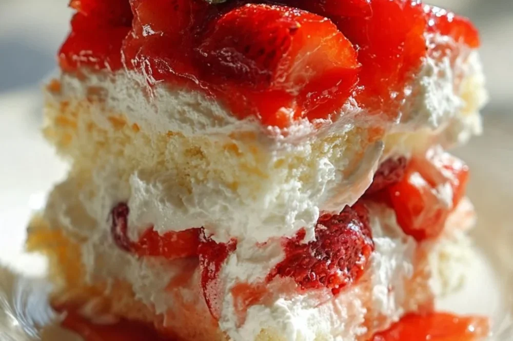 Delicious Heaven on Earth Cake topped with whipped cream and berries