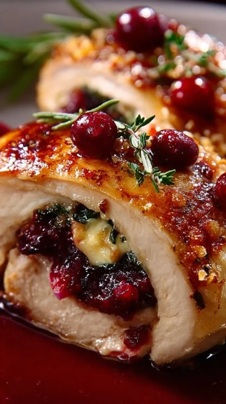 Cranberry Brie Stuffed Chicken served with fresh herbs and cranberries.