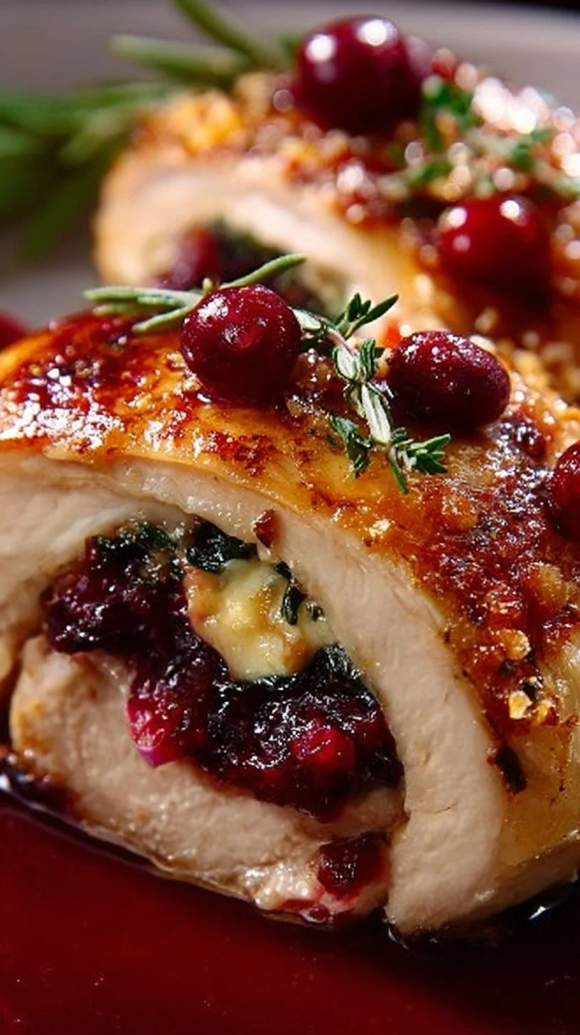 Cranberry Brie Stuffed Chicken served with fresh herbs and cranberries.