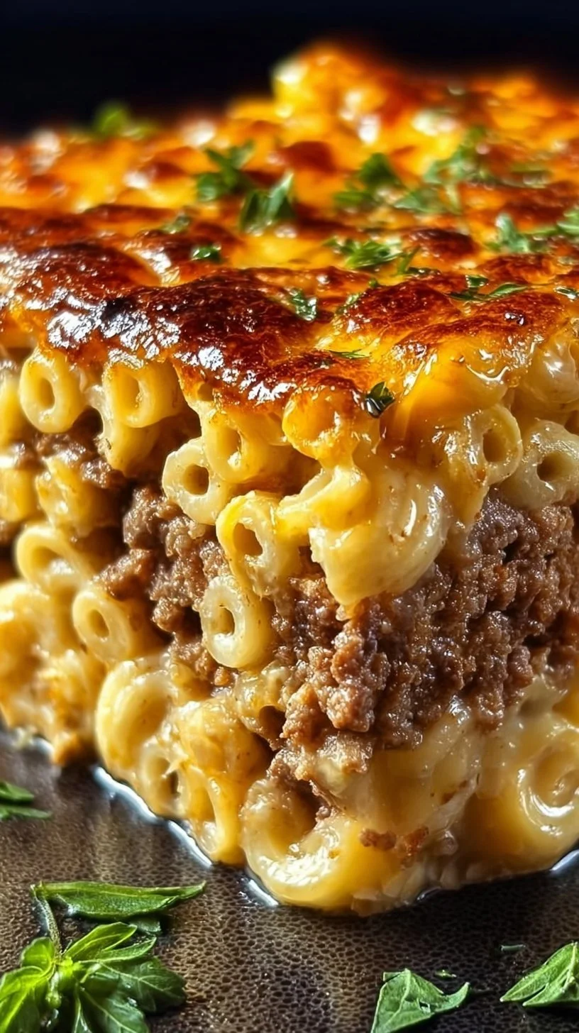 Delicious Mac and Cheese Meatloaf Casserole served on a plate
