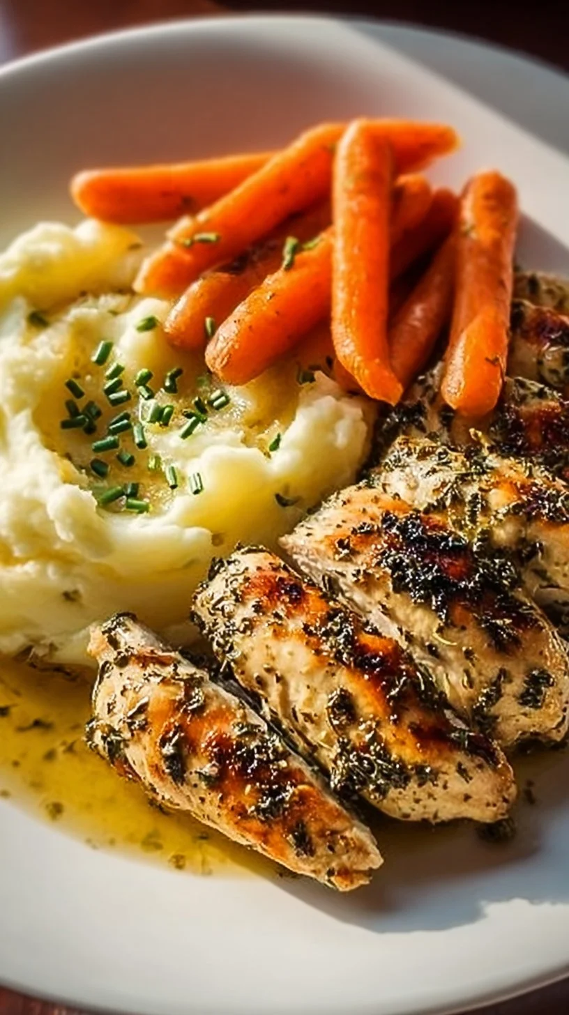 Delicious Garlic Herb Chicken served with mashed potatoes and glazed carrots
