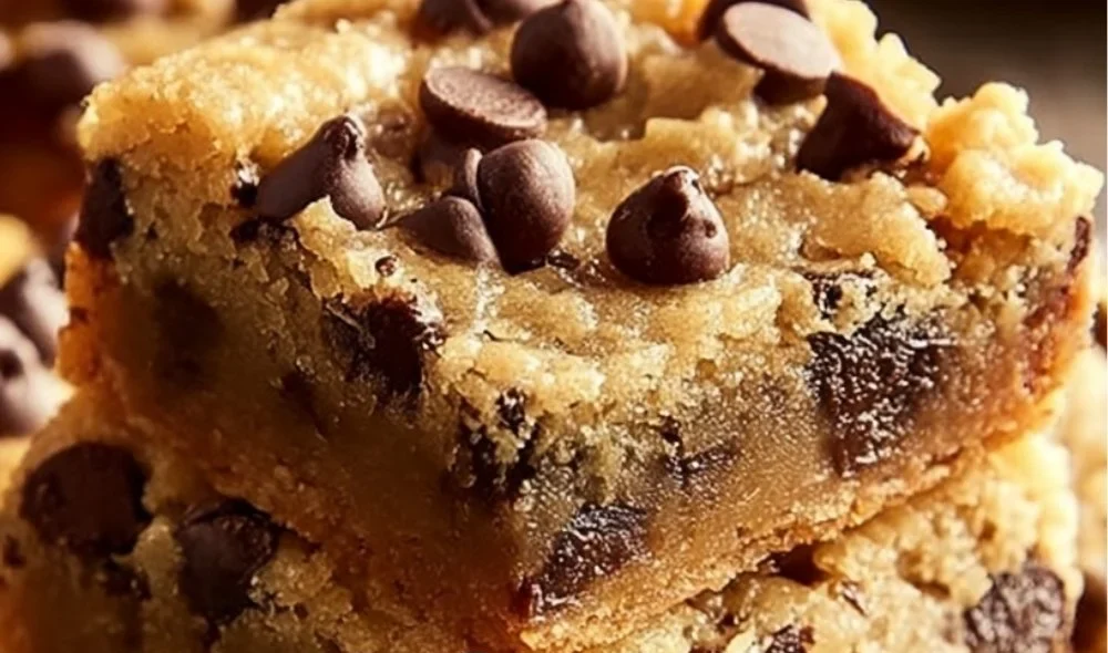 Delicious melt-in-your-mouth chocolate chip cookie bars on a plate.