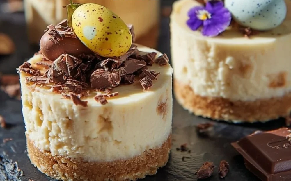 Mini Easter cheesecakes topped with colorful chocolate eggs for a festive dessert