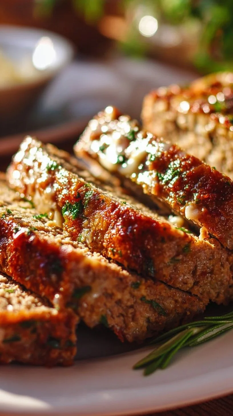 Delicious Garlic Parmesan Meatloaf served with mashed potatoes and herbs