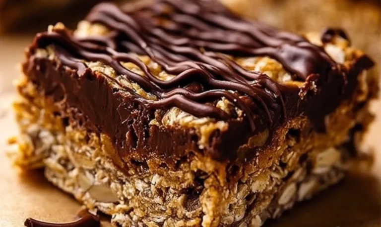 No Bake Chocolate Oatmeal Bars with chocolate drizzle and oats
