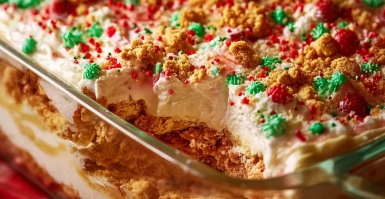 No-Bake Christmas Cookie Lasagna layers with festive cookies and creamy filling