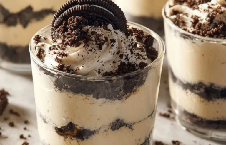 Delicious no bake Oreo cheesecake cups topped with whipped cream and crushed Oreos.