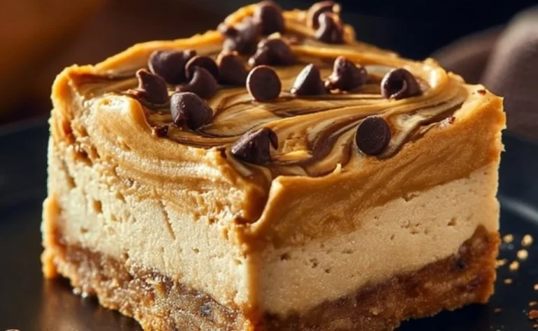 No bake peanut butter cheesecake bars topped with chocolate drizzle and peanuts