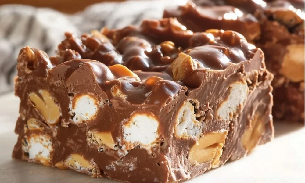 No Bake Rocky Road Bars with chocolate, marshmallows, and nuts