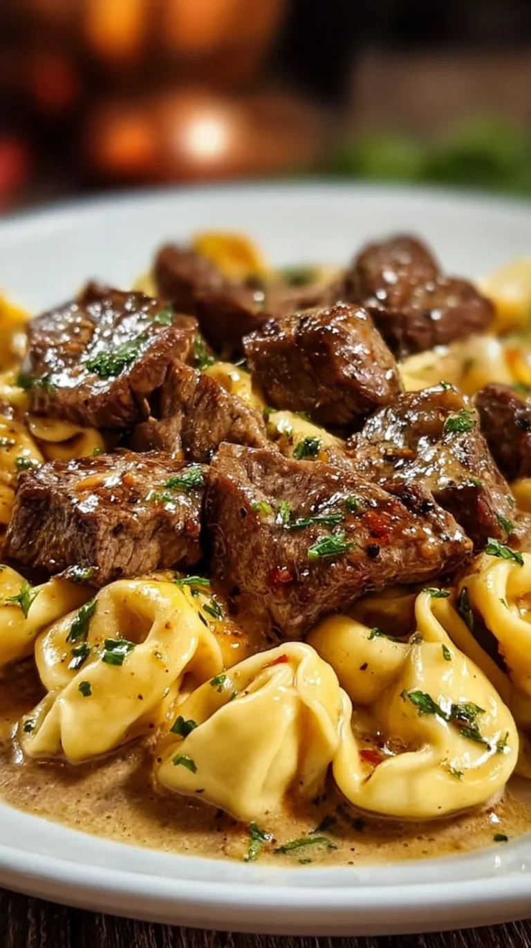 One-Pan Cowboy Butter Tortellini with Steak Bites served in a skillet