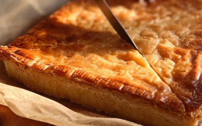 Deliciously moist Ooey Gooey Butter Cake topped with a light dusting of powdered sugar.
