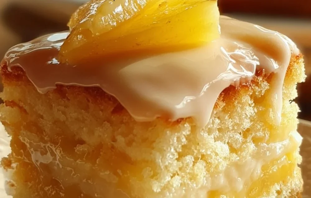 Delicious Pineapple Heaven Cake topped with fresh pineapple and cream