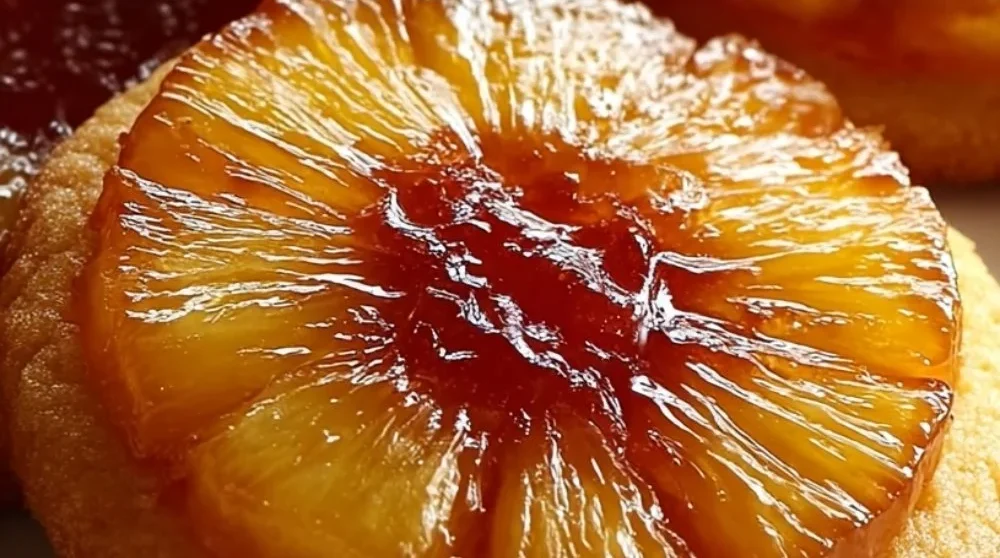 A plate of Pineapple Upside-Down Cookies garnished with cherries and pineapple slices.