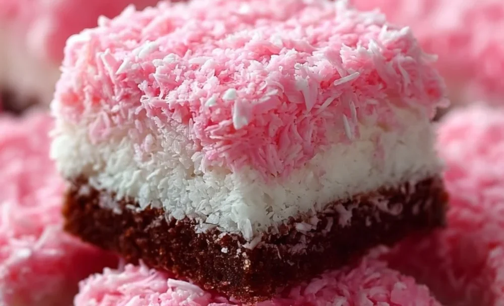 Pink Coconut Snowball Cake Bars 1 Pink Coconut Snowball Cake Bars topped with shredded coconut and colorful frosting.