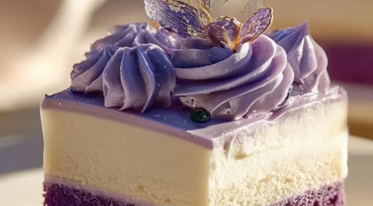 Delicious Purple Three Milks Cake topped with colorful frosting and decoration.