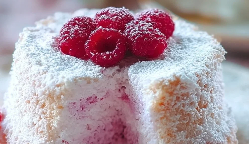 Light and fluffy Raspberry Angel Food Cake topped with fresh raspberries