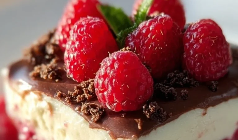 Delicious Raspberry Chocolate Lasagna served in a white dish
