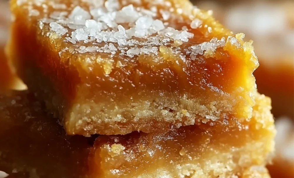 Delicious salted caramel butter bars topped with a sprinkle of sea salt