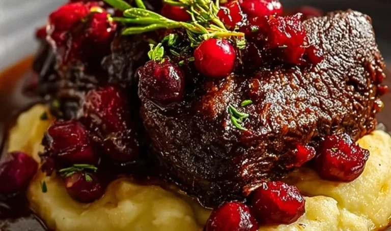 Slow-braised beef roast garnished with cranberry balsamic glaze