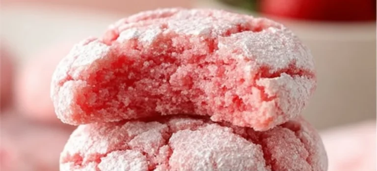 Strawberry Crinkle Cookies with powdered sugar on a plate