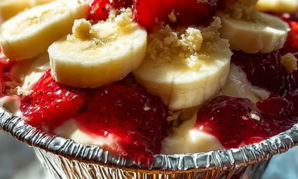 Strawberry Crunch Banana Pudding garnished with fresh strawberries in a bowl