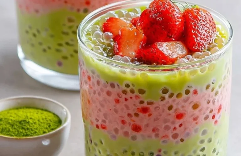 Delicious Strawberry Matcha Sago dessert with fresh strawberries and sago pearls.
