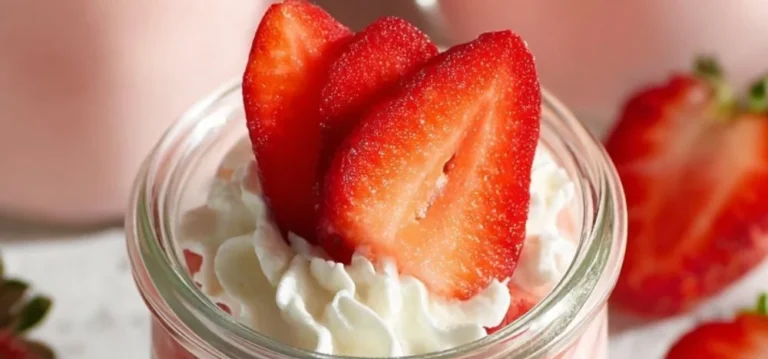 Delicious strawberry mousse without gelatin or whipped cream served in a glass.