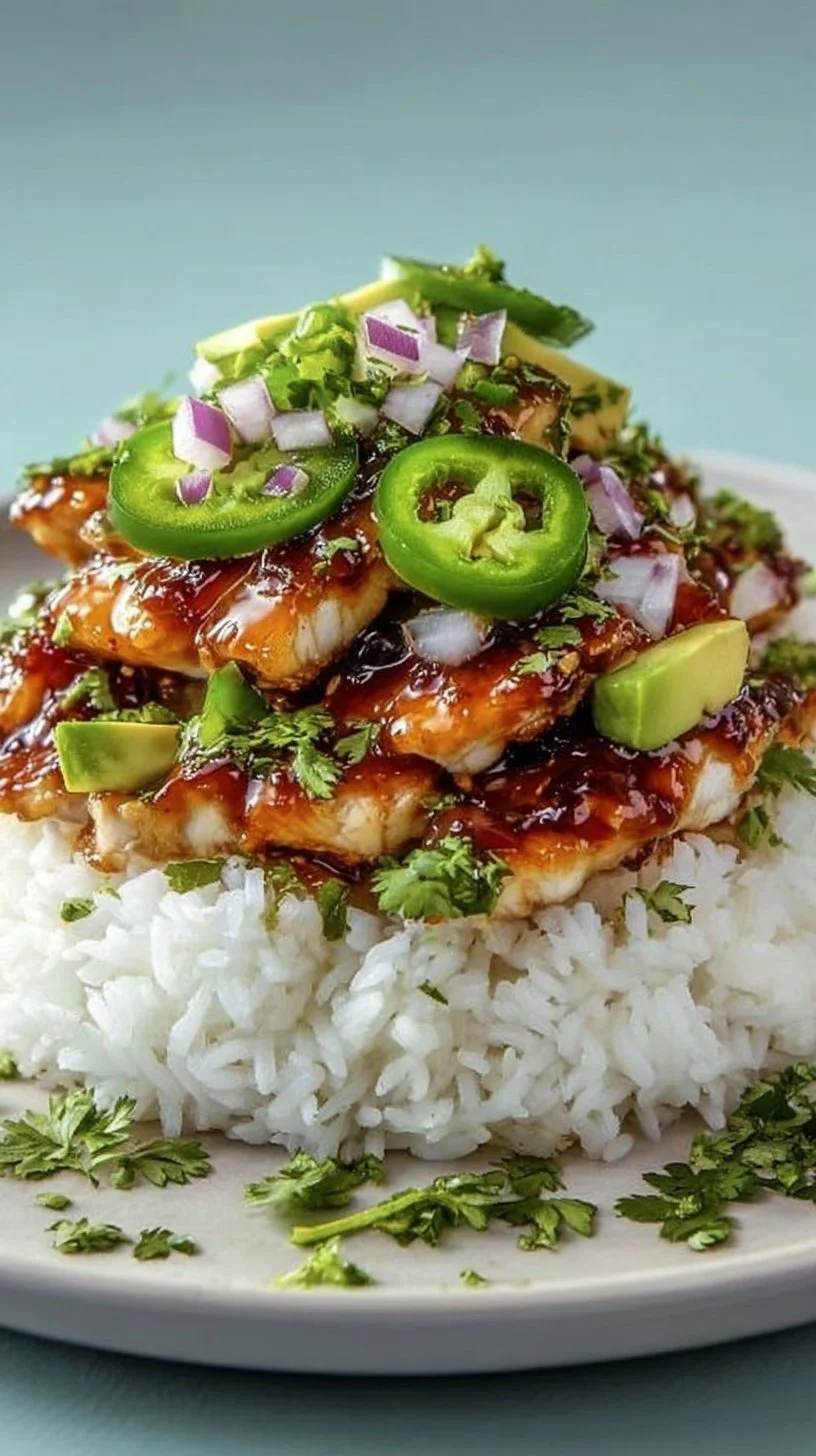 Tangy honey lime chicken with avocado rice stack served on a plate.
