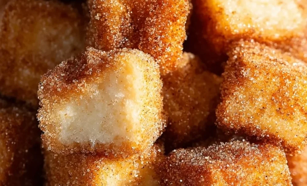 Plate of delicious angel cake churro bites with cinnamon sugar