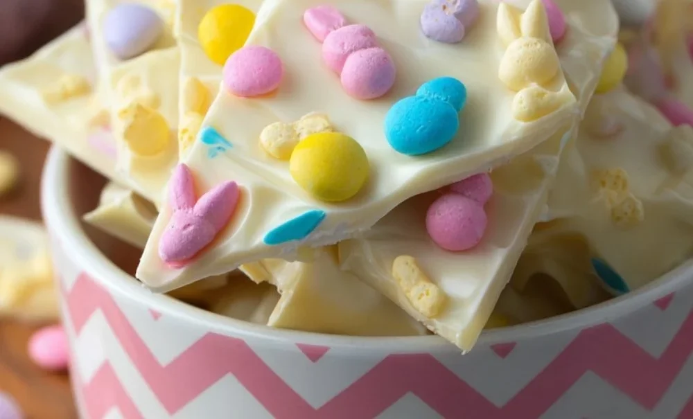 Delicious White Chocolate Easter Bark with colorful toppings