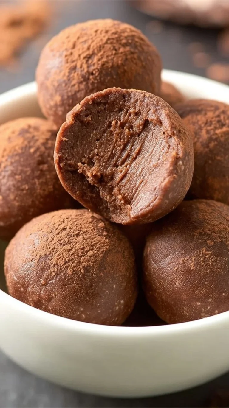 3-ingredient no bake brownie bites on a plate with chocolate drizzle