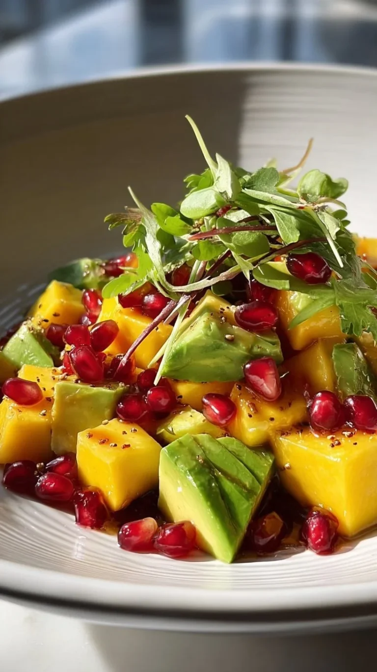 Colorful Avocado Mango Salad with lime dressing and fresh herbs.
