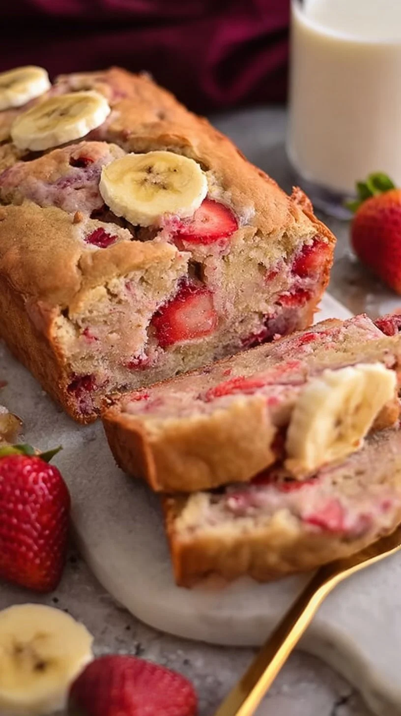 Freshly baked Banana Strawberry Bread with slices showing its moist texture.