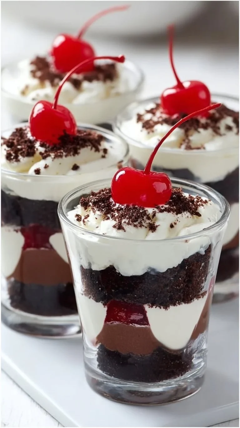 Black Forest Cake Mini Dessert Cups with cherries and whipped cream